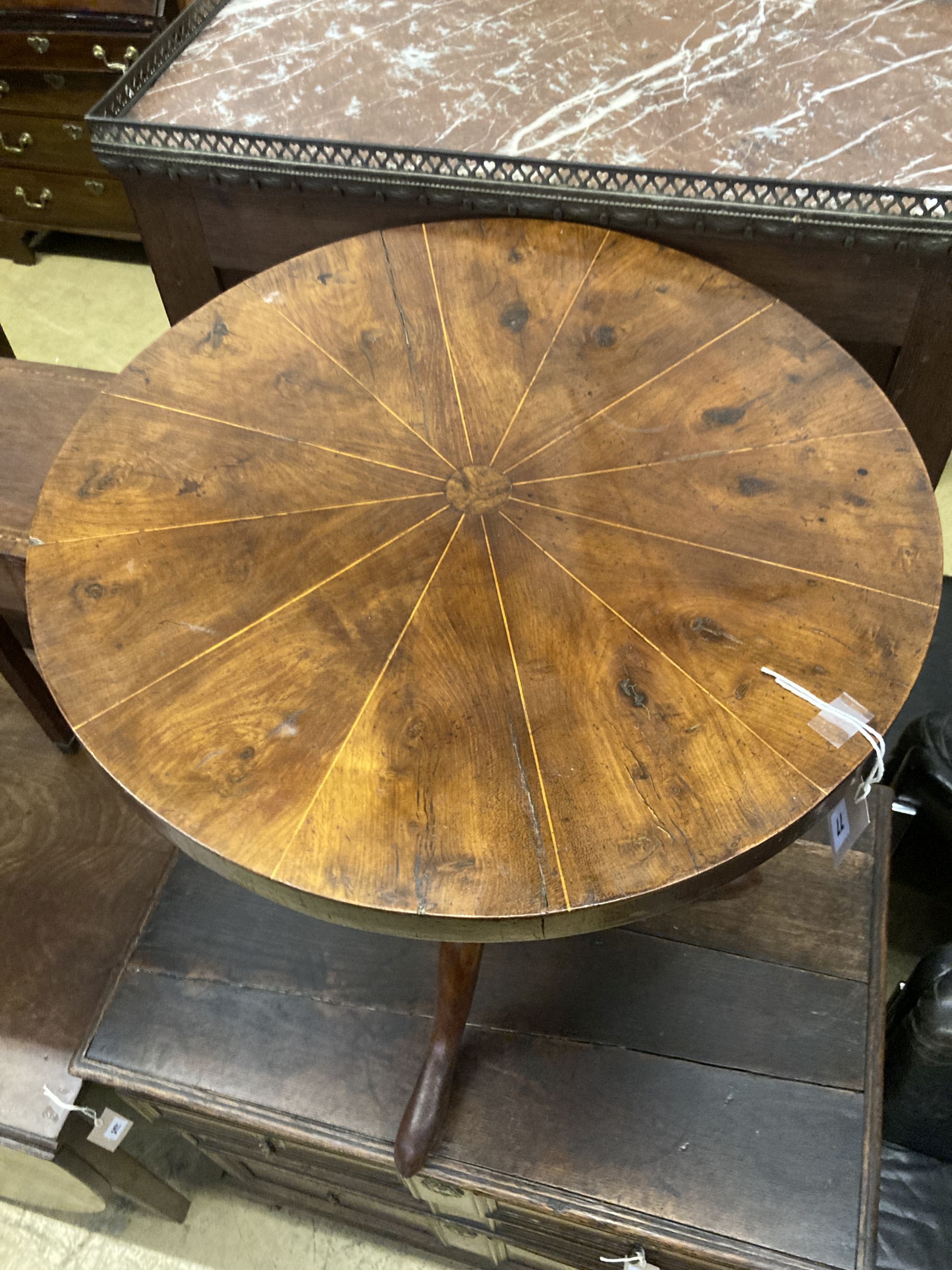 A yew wood circular tripod table, 53cm diameter, height 65cm